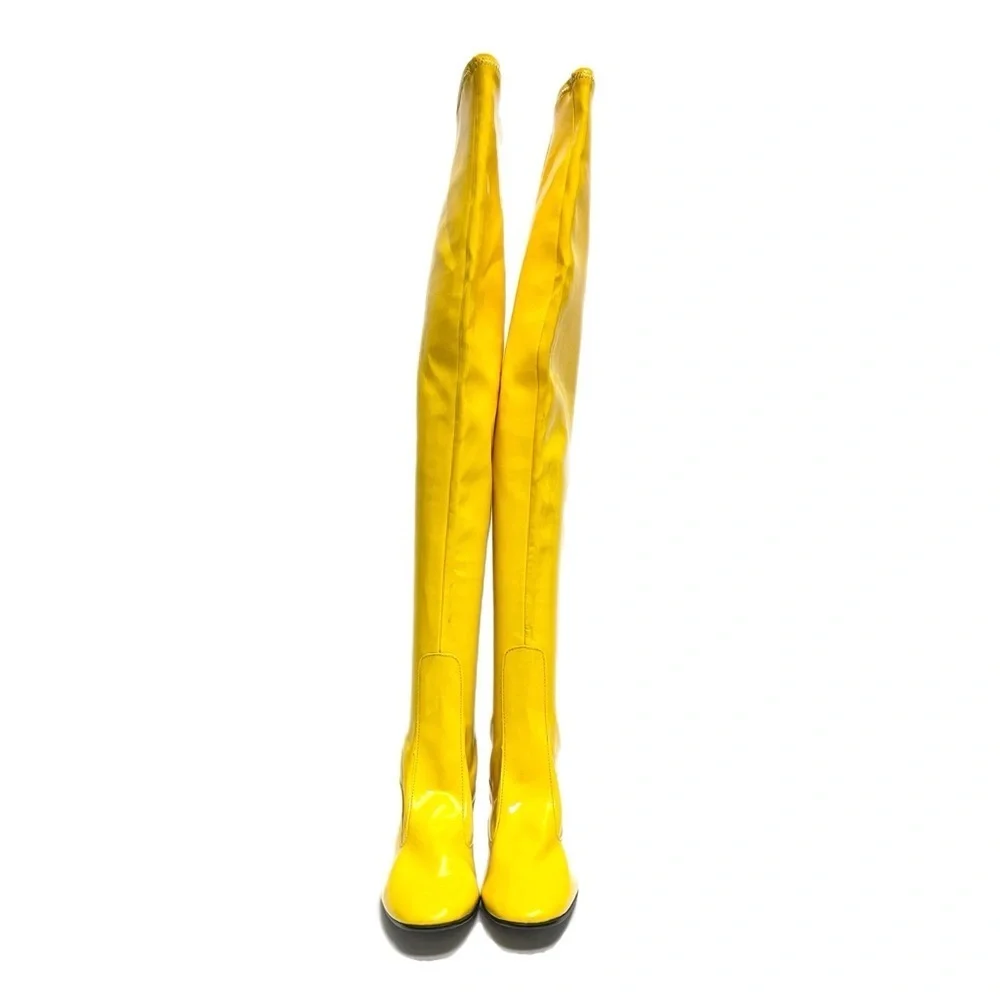 Vintage 1960s deadstock banana yellow vinyl over the knee pull on gogo boots